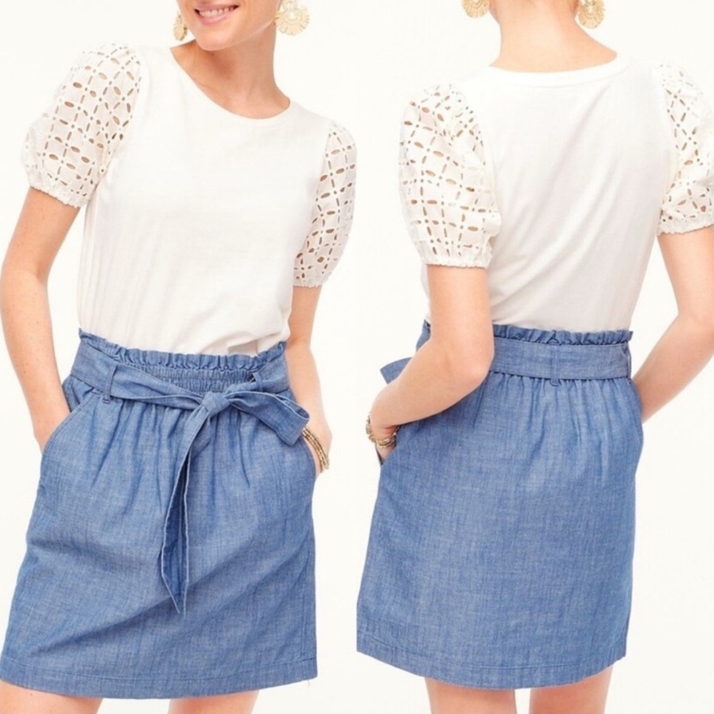 J. Crew Denim Chambray Skirt with Belt loops and self fabric belt.